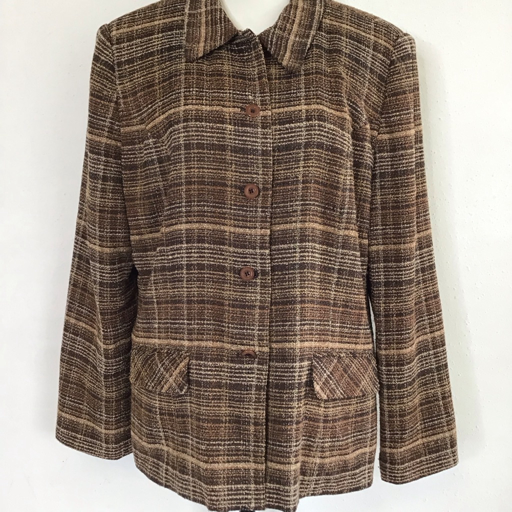 SAG HARBOR Vintage Women Brown Plaid Career Blazer, Size 14 - Picture 6 of 13